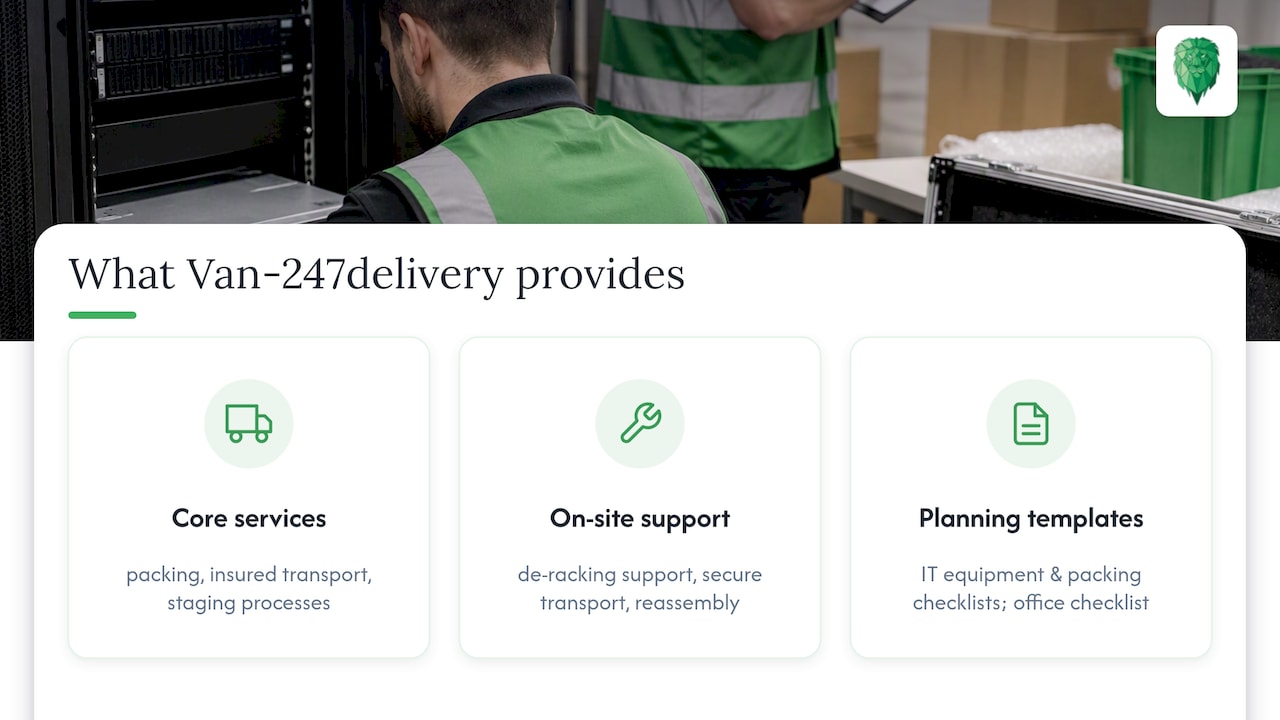 What Van-247delivery brings to a server relocation — overview diagram