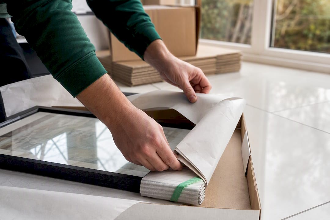 Mover protecting framed artwork with wrapping