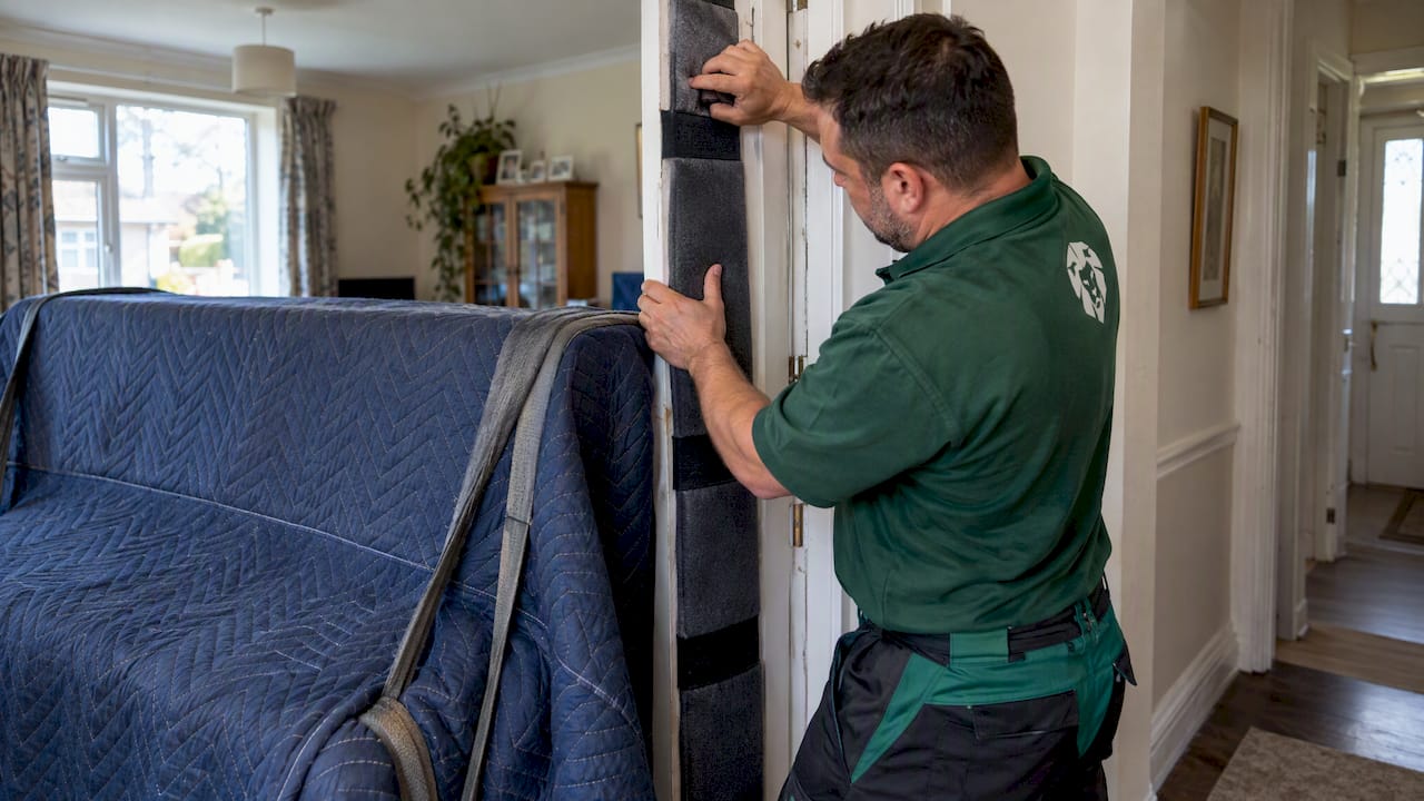 Mover padding a piano and doorway