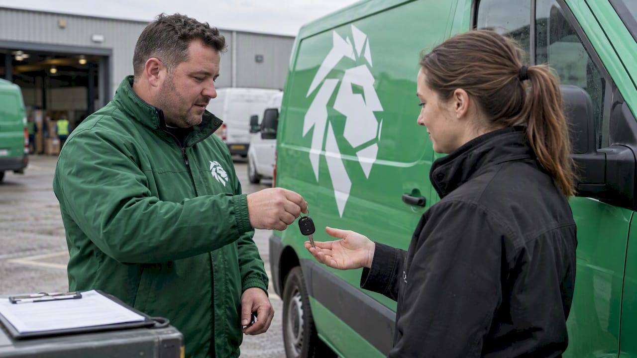 Driver receives keys beside a branded van