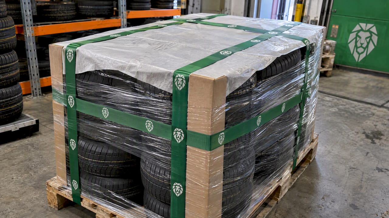 Tyres secured on a pallet with corner boards