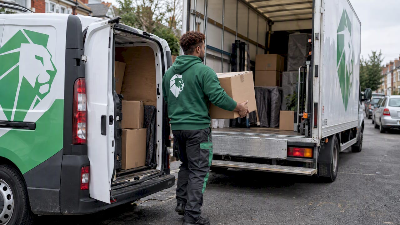 Worker transferring a carton between branded vehicles