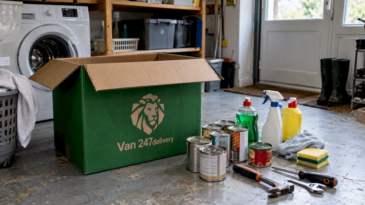 Tins and tools sorted beside branded carton